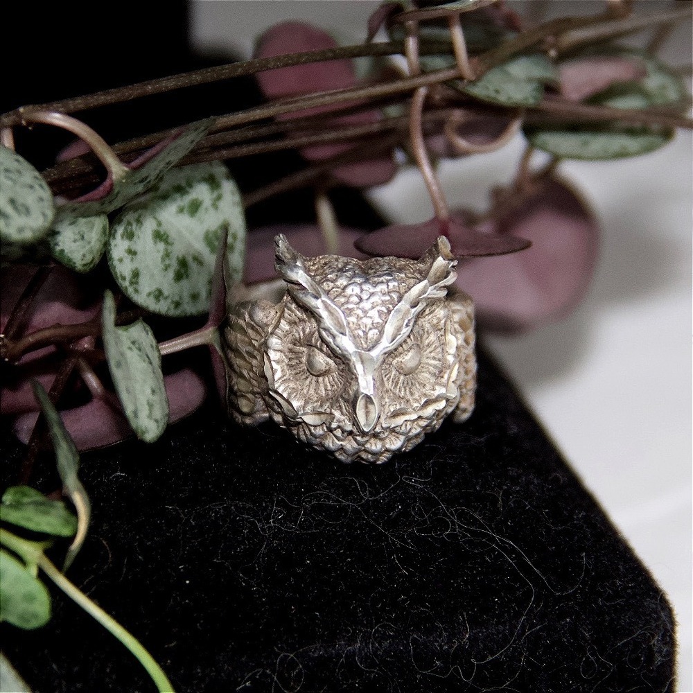Vintage Sterling Silver Great Horned Owl Statement Ring Size 7.5 Animal Jewelry